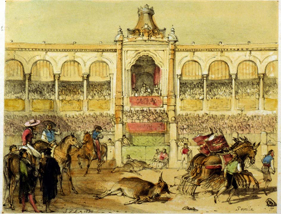 Faena de arrastre en la plaza de Sevilla. J.F. Lewis, 1836.