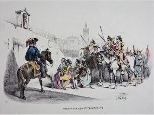 La oración antes de la corrida. W. Gaïl, c.1845-37. Litografía, fondo de color. Colección RMCS.