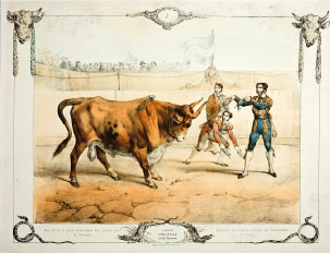 Los chulos ponen banderillas al toro. V. Adam, c.1834. Litografía, iluminada. Colección RMCS.