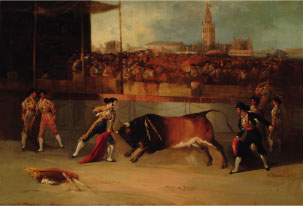 Suerte de recibir en la plaza de Sevilla. M. Rodríguez de Guzmán, c.1850. Óleo/lienzo. Colección RMCS.