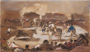 Corrida en plaza de pueblo. E. Lucas y Velázquez, s.XIX. Óleo/lienzo. Colección RMCS.