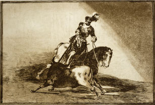 Carlos V lanceando un toro en la plaza de Valladolid. Francisco de Goya, 1815. La Tauromaquia. Aguafuerte. Colección RMCS.