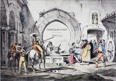 Patio de caballos en la plaza de Sevilla. W. Gaïl, c.1845-37. Litografía, fondo de color. Colección RMCS.